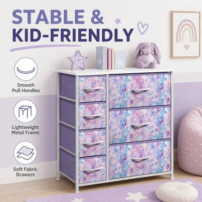 7-Drawer Fabric Dresser With Wood Top And Steel Frame, Wide Storage Chest With Tie-Dye Bins And Handles For Bedroom, Kids Room, Nursery, Hallway Or Closet