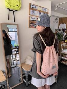 可愛粉色蝴蝶結波點抽繩背包，輕便休閒抽繩包，適合日常通勤、運動、海灘與旅行，返校季，女款時尚背包，可愛背包 - 粉色 - 查看 2