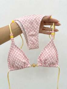 Bikinx Women's Textured Fabric Halter Triangle Bikini Set, Beaded Decor, Metal Accents, Side Tie Bikini Bottom, Beach Vacation Swimwear - Multicolor - View 6