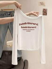 Sweet Cool Hot Girl Style Cold Shoulder T-Shirt, Artistic English Quote, Slim Fit Ruched Design, Atmospheric Top - White - View 4