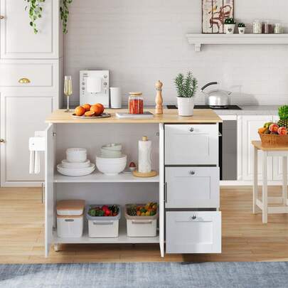 Rolling Kitchen Island Cart With Drop‑Leaf Countertop, Mobile Kitchen Trolley With 3 Drawers & Double‑Door Storage Cabinet, Lockable Swivel Casters, Towel Rack For Kitchen Dining Living Room