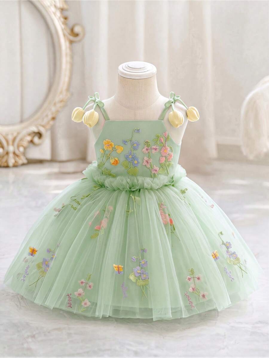 女嬰 3D 花朵刺繡公主洋裝,細肩帶洋裝,適合兒童生日、花童、婚禮、萬聖節及其他節日慶祝 - 薄荷綠 - 查看 1