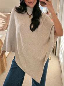 2026 Women's Fashion Oatmeal Knitted Loose Poncho Sweater, Suitable For Autumn/Winter, Long Asymmetrical Design With Slight Stretch, Comfortable And Versatile - Oatmeal Color - View 3