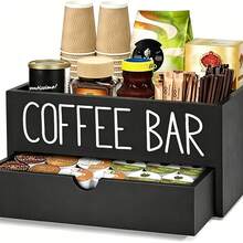 1pc Rustic Wooden Coffee Bar Storage Box, Countertop Coffee Bean Canister Organizer, Desktop Coffee Tea Condiment Storage Box, Rustic Style Coffee Accessories Storage Box, Bar Decor, Home Storage Organizer - Multicolor - View 3