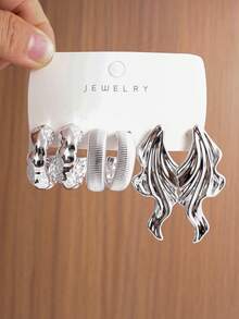 6/18PCS Women's Silver Bow Flower Water Drop Tassel Wide Hoop Exaggerated Metal Earrings, Essential For Mature Professional Women, Vintage Personalized Earrings Suitable For Mother's Day Gift, Daily Commute, Work, Music Festival, Party, Dance, Bar - Silver - View 6