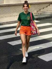 女士休闲T恤，神秘老虎艺术T恤 - 超现实主义T恤，粉金老虎夏季T恤 - 墨綠色 - 查看 3