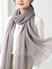 1pc Casual Multi-Functional Solid Color Chiffon Scarf, Suitable For Matching With Various Outfits - Light Grey - View 3