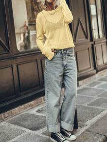 VIBEWAVE Solid Color Hollow Out Sheer Round Neck Short Knit Long Sleeve Top, Slouchy Thin Slightly See-Through Layering Cover Up For Women, Spring Autumn Casual Base Layer For Streetwear, Daily Wear And Commute - Yellow - View 4