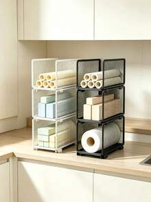 Space-Saving Storage Basket, Stackable Mesh Tiered Storage Racks, With Vertical Stacking Visual Mesh Aesthetic, Space-Maximizing Mesh Rack For Kitchen Paper, Plastic Wrap, And Spice Jars, Utility Racks, Kitchen Storage Organization Accessories - Multicolor - View 5