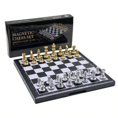 Cross-Border Gold & Silver Magnetic Chess Set, Magnetic Portable High-End Foldable Chessboard For Competition