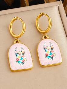 1 đôi bông tai huggie dáng treo charm vòm màu hồng ngọt ngào, họa tiết hoa nhiều màu in kiểu đồ bơi, phụ kiện tai đi biển du lịch - Hồng - Xem 4