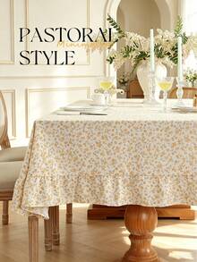1pc Tablecloth With Scalloped Lace Trim, Polyester Fabric, Pale Yellow Floral Pattern, Rectangular/Square Tablecloth, Suitable For Dining Room And Living Room Tabletop Decoration - Light Yellow - View 6