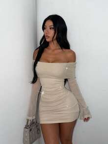 Fall Single-Shoulder Long-Sleeved Short Skirt, Sequined Cocktail Dress For Women, Suitable For Dates, Parties, Birthdays, Nightclubs, Weddings, Hoco - Apricot - View 3