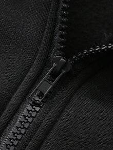 Men's Solid Black Zip-Up Hoodie, Casual Long Sleeve Drawstring Hooded Jacket With Side Pockets, Basic Loose Fit Sweatshirt For Daily Streetwear - Black - View 4