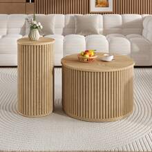 Couchtisch, Doppelter Runder Tisch, Beistelltisch Mit Naturholzlatten. Multifunktionaler Wohnzimmertisch - 彩色 - 查看 9