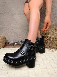 Punk Style Rivet Buckle Thick Sole Ankle Boots For Women, Round Toe Chunky Heel Waterproof Platform Motorcycle Boots With Side Zipper, Cool Design - Black - View 6