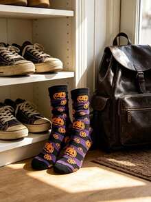 Halloween Skeleton Pumpkin Cartoon Print Casual Socks For Men And Women-Moisture-Wicking Mid-Calf Socks - Multicolor - View 4