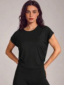 VUTRU Loose Fit Short Sleeve Sports T-Shirt, Round Neck Batwing Sleeve Top For Running And Fitness Black Summer - Black - View 3