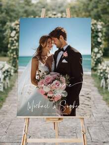 1pc Framed Personalized Wedding Welcome Photo Hanging Decor, Customized Newlyweds Photo With Name, Date, Location, Handwritten Style Home Decor, Suitable For Outdoor Or Indoor Wedding Welcome Mural, Love Memorial Canvas Painting, Wedding Gift - Multicolor - View 4