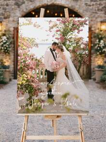 1pc Framed Personalized Wedding Welcome Photo Hanging Decor, Customized Newlyweds Photo With Name, Date, Location, Handwritten Style Home Decor, Suitable For Outdoor Or Indoor Wedding Welcome Mural, Love Memorial Canvas Painting, Wedding Gift - Multicolor - View 7