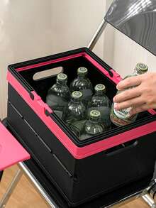 Collapsible Storage Box With Handle, Foldable Plastic Bin For Home Organization And Car Trunk, Space-Saving, Convenient, Easy To Carry. Small Slatted Storage Basket With Lid, Foldable Plastic Slatted Crate, Space-Saving Portable Outdoor Fruit And Vegetable Picnic Basket (Black, Pink, Small), Suitable For Home Kitchen, Office, Bathroom, Bedroom, Pantry. - Multicolor - View 1