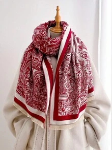 1pc Retro Classical Vase Scroll Motif Print 65*185cm Rectangle Scarf, Thick Faux Cashmere Brushed Polyester Winter Shawl For Travel Party Daily Outing - Multicolor - View 5