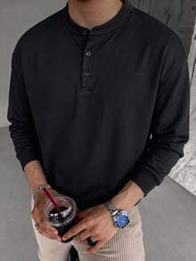 Men's Henley Collar Long Sleeve T-Shirt, Casual Loose Fit, With Button Placket, Daily Basic - Black - View 6