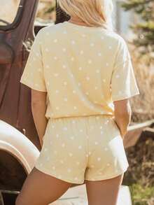 Acelitt Blassgelbes Polka-Dot 2-teiliges Casual-Set, Kurzarm-Top & Shorts mit Kordelzug, geeignet für Sommer, Zuhause, Lässig, elegant - Gelb - Übersicht 2