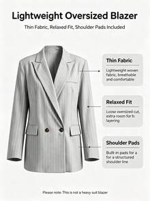 Women's Lightweight Pinstripe Double-Breasted Blazer, Loose Casual Fit, With Shoulder Pads Business Office Jacket Fall - Light Grey - View 10