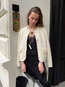 Soft Knit Round Neck Button Front Cardigan With Patch Pockets, Long Sleeves, Medium Stretch, White Elegant Fall Winter Layering Sweater - White - View 1