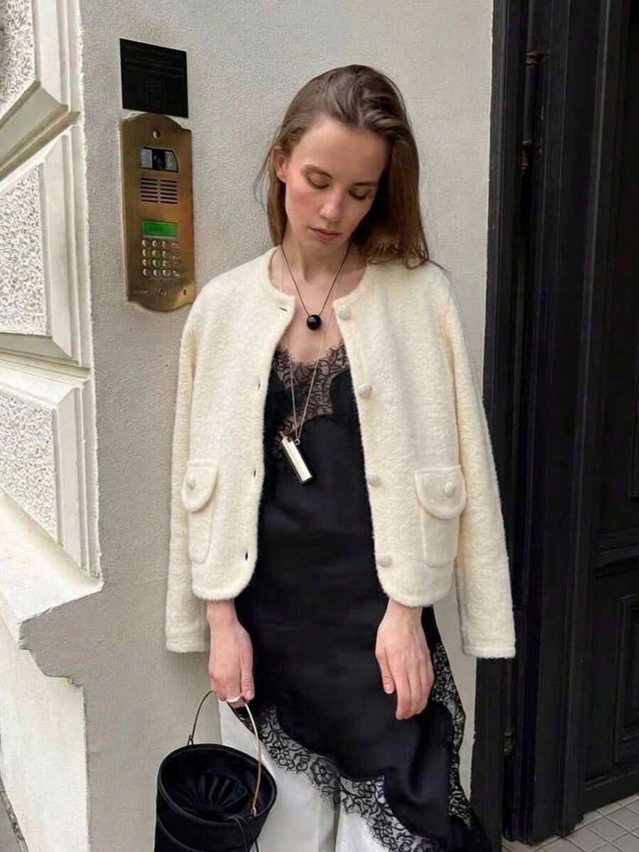 Soft Knit Round Neck Button Front Cardigan With Patch Pockets, Long Sleeves, Medium Stretch, White Elegant Fall Winter Layering Sweater - White - View 1