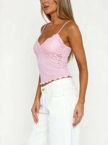 Women Y2K Sheer Lace Mesh Camisole Slim Fit V Neck Open Back Cami Tops Summer Spaghetti Strap Tank Tops Cute Lace Trim Crop Tops Party Club Outfit - 粉色 - 查看 7