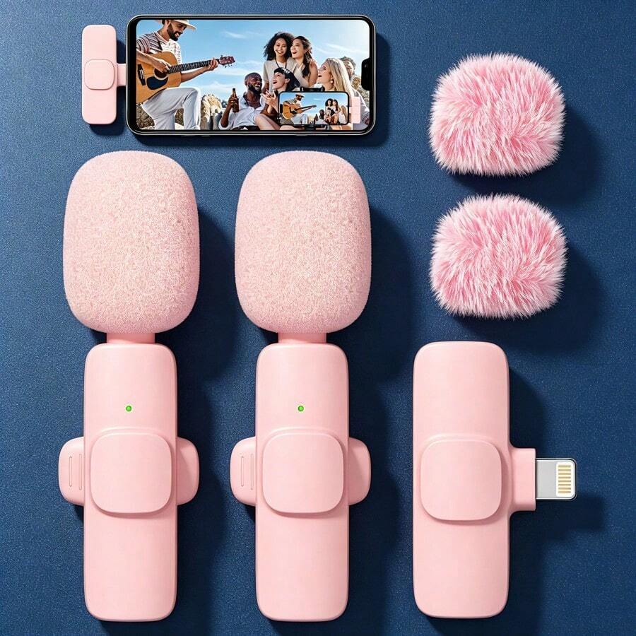 Wireless Lavalier Microphone, Wireless Mini Microphone, Vlog Microphone, Plug And Play Clip-On External Mini Lightning Microphone For IPhone IOS, Suitable For Video Interviews And Vlogs, Mini Microphone, Microphone, Wireless Clip-On Microphone, Cute Pink Lavalier Microphone, Suitable For Fashionable Women, With Windscreen