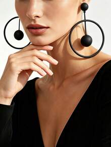 1 Pair Women's Vintage European & American Style Double-Layer Thick Tube Oversized Round Hoop Long Dangle Earrings, Mirror Shiny Warm Gold Ball Studs Connected To Multi-Layer Thick Hollow Large Circle Geometric Long Drop Earrings, Suitable For Banquet, Daily, Beach Vacation, Fashion Wear - Black - View 2