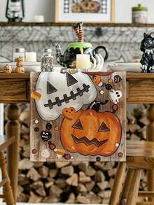1 buah Taplak Meja Halloween dari Poliester - Bentuk Persegi Panjang dengan Motif , Lentera, dan Permen Jagung, Cocok untuk Dekorasi Meja Makan dan Pesta di Rumah - Khaki - View 1