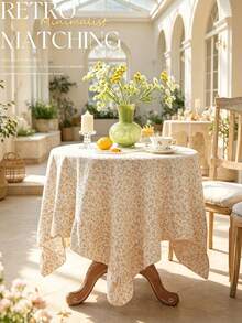 1pc Tablecloth With Scalloped Lace Trim, Polyester Fabric, Pale Yellow Floral Pattern, Rectangular/Square Tablecloth, Suitable For Dining Room And Living Room Tabletop Decoration - Light Yellow - View 10