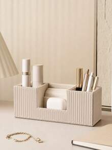 Cream-Style Vertical Striped Desktop Storage Box, Office Divided Pen Holder, Small Item Memo Remote Control Organizer - View 13