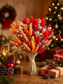 32pcs Artificial Rabbit Tail Grass, Baby's Breath Flowers - A Bold Autumnal Faux Decor Set. Perfect For Autumn Crafts, Halloween Party Decor, Thanksgiving Table Centerpieces, Farmhouse Vase Fillers, Everyday Home Decor And Seasonal Holiday Displays. - Orange-red - View 4