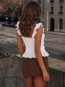Dirp Noir Women's Autumn French Pure Desire Style White Ruffle Camisole, Deep V-Neck Sleeveless Design, 3D Ruffle Detail On - White - View 5