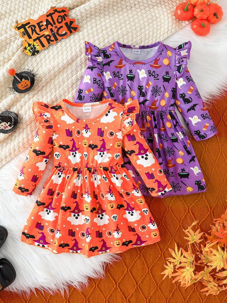2件組女嬰萬聖節圖案印花長袖荷葉袖洋裝,適合派對與節日,可作為禮物,秋冬兒童女童服飾 - 彩色 - 查看 1