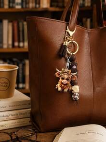 Highland Cow Acrylic Beaded Keychain With Tassel, Cute Short Keychain, Cartoon Punk Style, Animal Theme, Lobster Clasp, Decorative Backpack Accessory, Acrylic Pendant, Car Key Anti-Lost Chain, Ideal Gift For Friends And New Year Celebration, Highland Cow, Silicone Beads, Tassel, Backpack Accessory, Car Key, Anti-Lost Chain, Holiday Gift - Multicolor - View 9