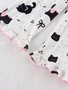 Cute Black Cat Print Pajama Set For Young Girl, V-Neck Frill Trim Long Sleeve Top And Long Pants, 2 Pieces Children's Loungewear - White - View 9