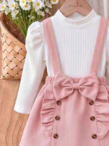 Baby Girl Princess Petal Sleeve Small Stand Collar Long Sleeve T-Shirt And Bow Pleated Ruffle Suspender Skirt - White - View 3