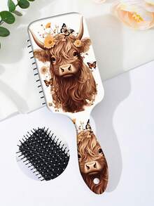 1pc Popular Highland Cow Pattern INS Style Air Cushion Oval ABS Home Portable Hair Brush - Multicolor - View 1