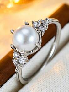1pc Elegant Silver Tone Faux Pearl Ring, Sparkling Rhinestone Inlaid Crown Shape Promise Ring, Luxury Wedding Party Statement Jewelry For Women - Pearl Ring - View 5