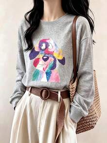 Sweet Cute Versatile Casual Puppy Print Loose Fit Sports Sweatshirt - Light Grey - View 2