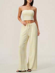 TimeOff Women's One Set Striped Strapless Bandeau Tank Top With Waist Drawstring And Side Pockets Wide Leg Pants 2 Pieces Set - Yellow - View 6