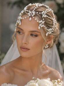 outingfit 1pc Vintage Pearl Hair Chain Hollow Flower Hat Bridal Wedding Atmosphere Hair Accessory Headband - Silver - View 5