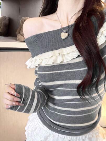 2026 Sexy Double Layer Ruffle Off-Shoulder Striped Knit Top, Gray And White Horizontal Stripes Ribbed Slim Fit Long Sleeve Sweater, Double Layer Frill Collar, Spring/Autumn Date Night Hot Girl, High Elastic Fine Knit 18-35 Women's Slimming Knit Base Layer