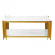Rechteckiger Couchtisch Mit Metallbeinen, Tischplatte In Marmorierung, Moderne Wohnzimmermöbel, Weiß-Goldene – H46/B1140/T64 Cm - White - View 3